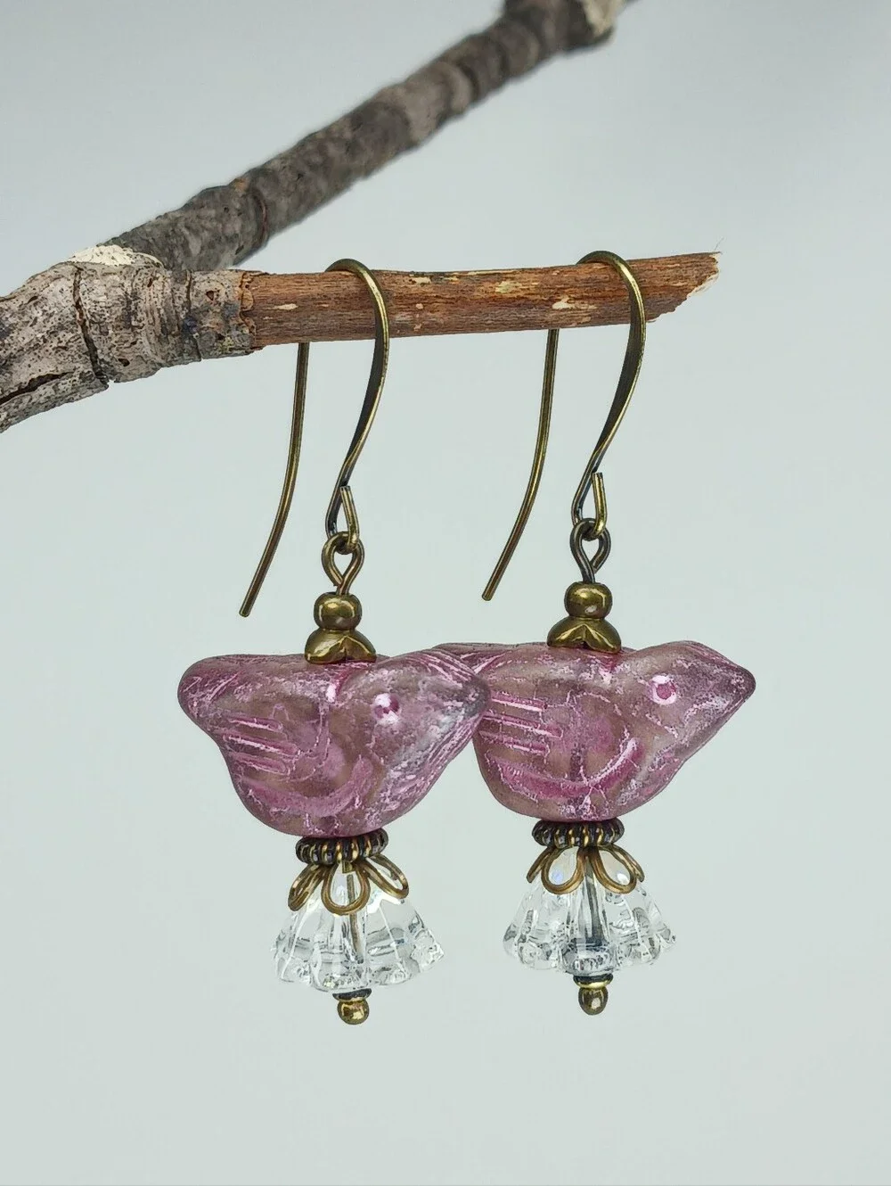 Purple Czech Glass Bird Earrings Crystal Flowers Antiqued Brass Hand Crafted